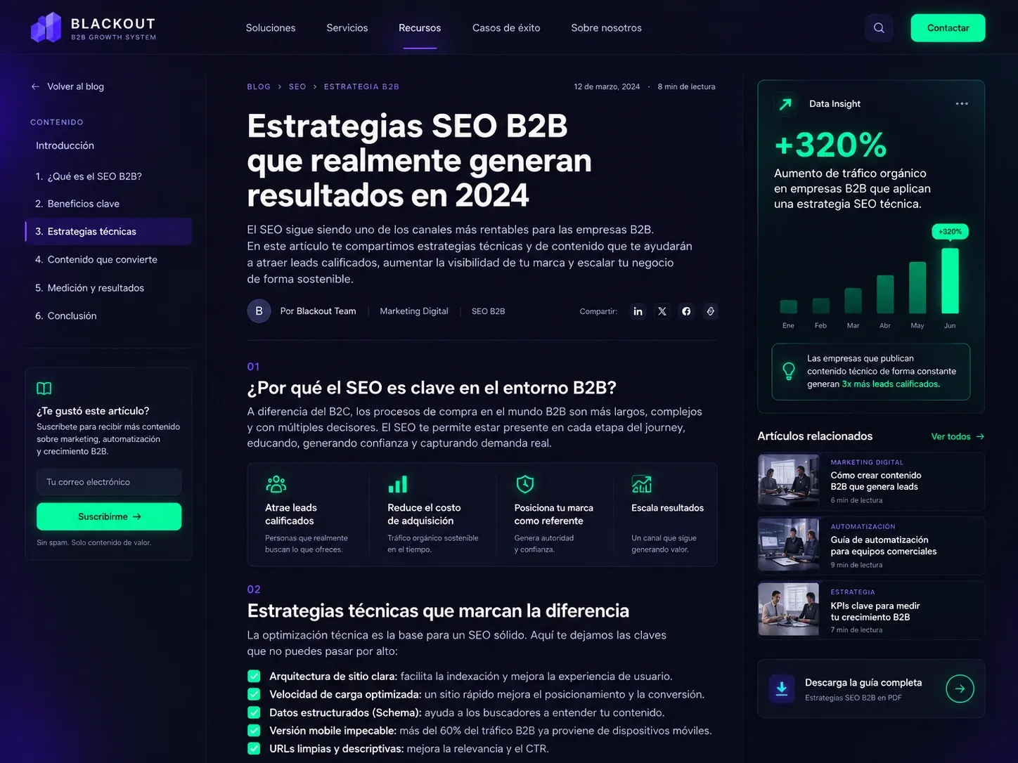 Ejemplo de artículo técnico B2B con subtítulos, bullets y datos, listo para publicar
