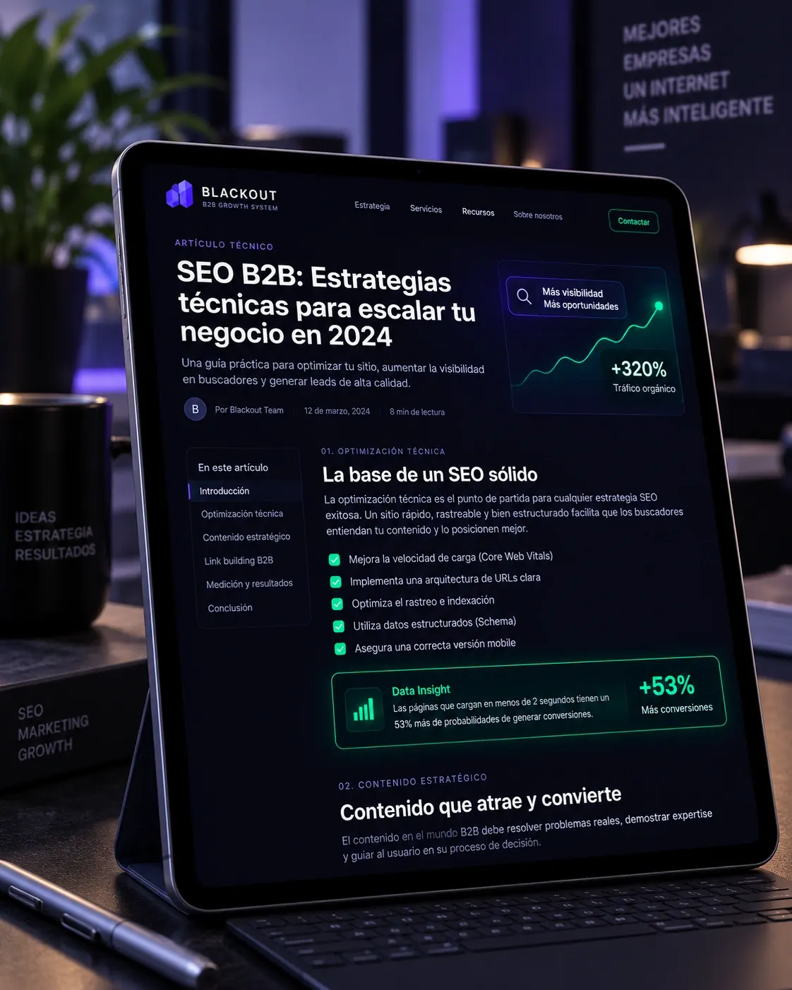 Artículo técnico B2B con estructura clara, subtítulos y datos, escrito para posicionar a la marca como referente