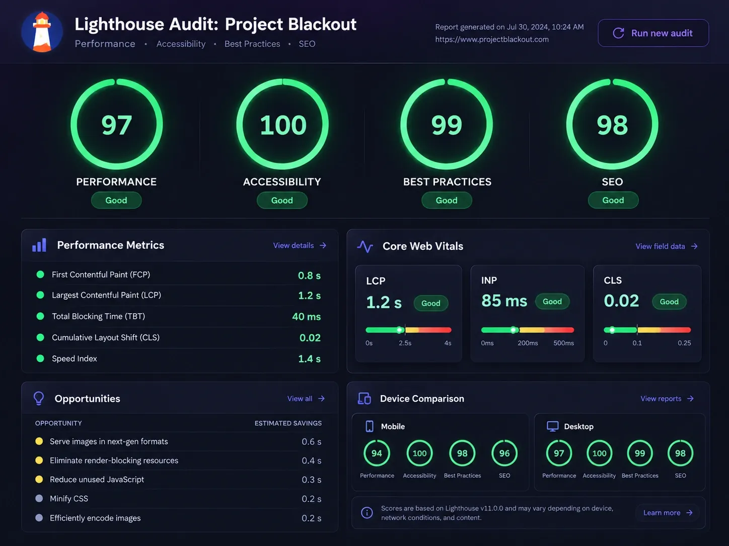 Reporte real de Lighthouse con puntajes de 90 a 100 en Performance, Accesibilidad, Buenas Prácticas y SEO