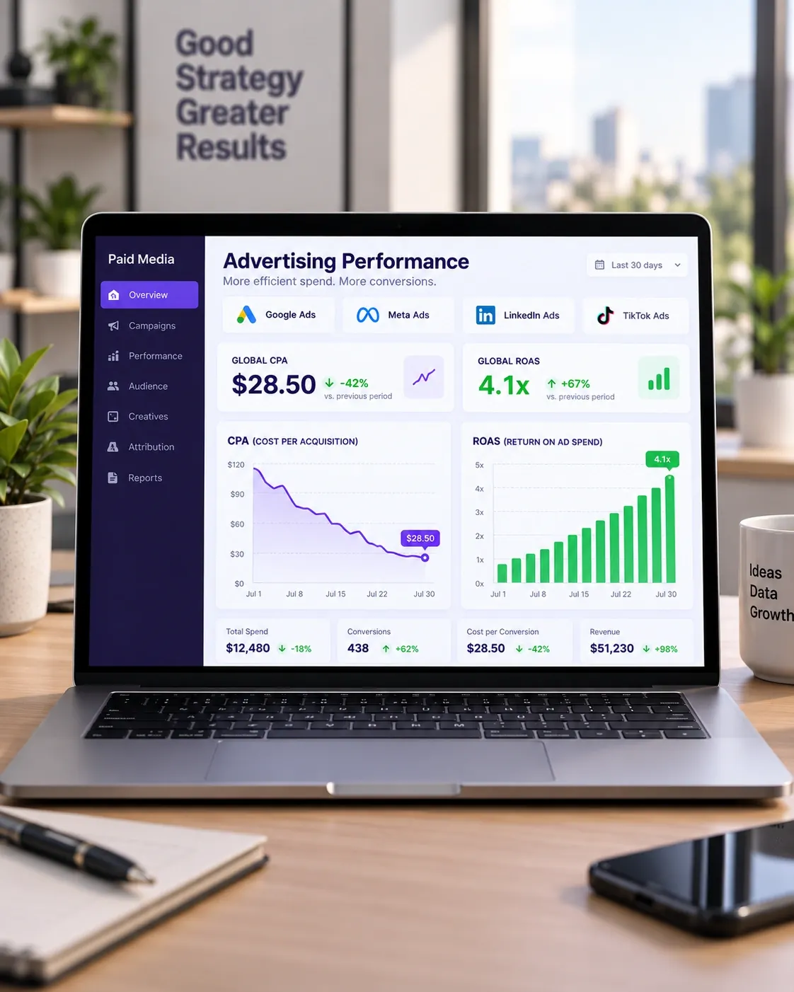 Dashboard de campañas de Paid Media mostrando CPA en baja y ROAS en alza