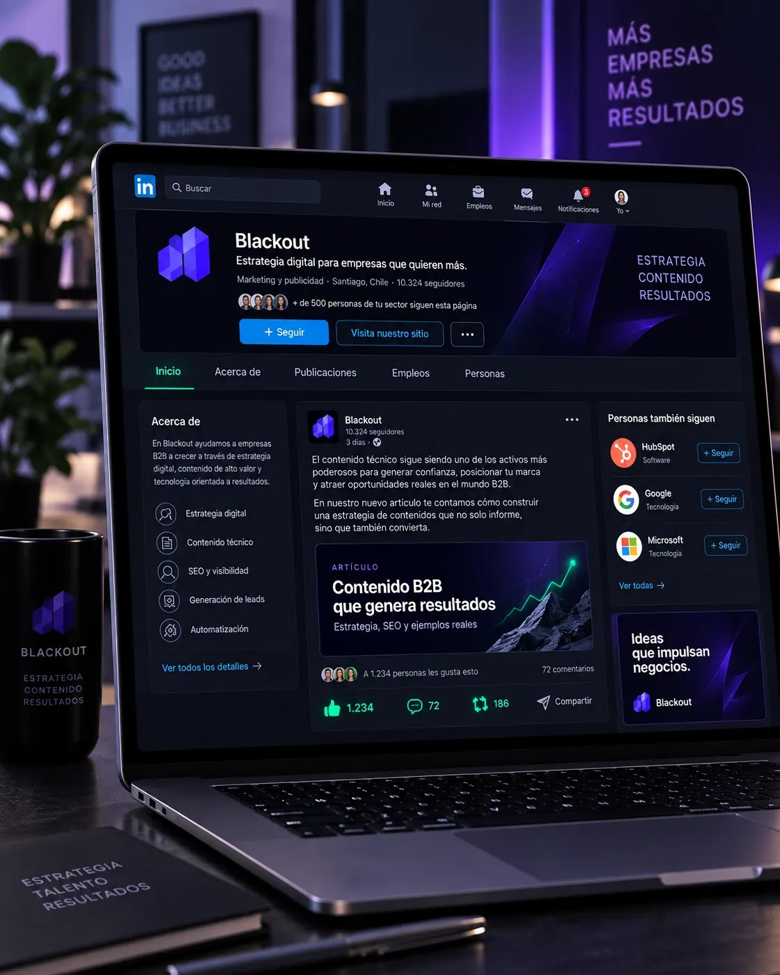 Perfil de LinkedIn de una empresa B2B con publicaciones activas y alta interacción