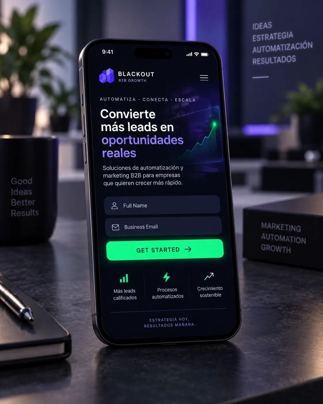 Interfaz mobile-first de un sitio B2B mostrando un formulario de contacto simplificado