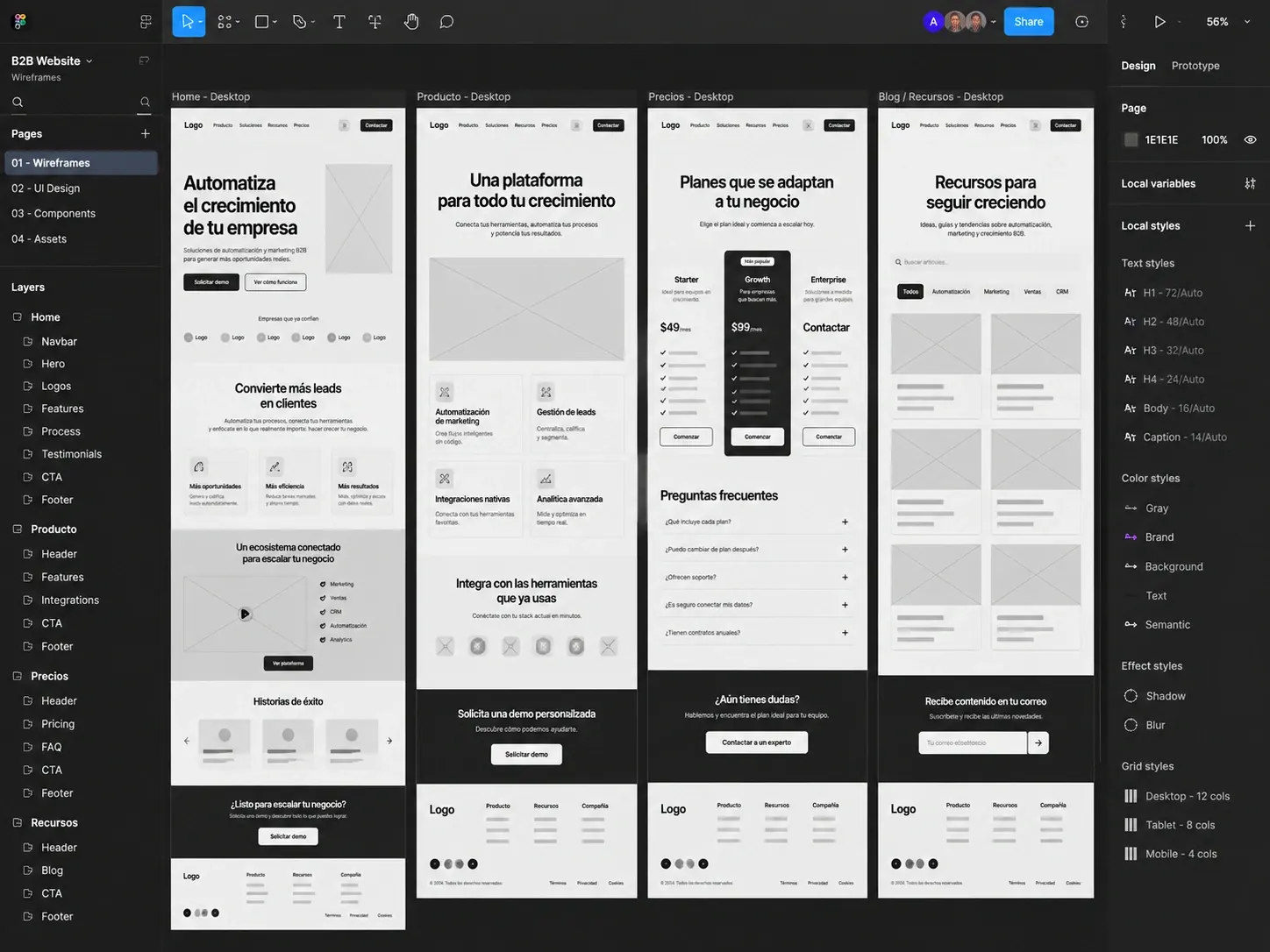 Wireframes de un sitio B2B mostrando la estructura de navegación y jerarquía visual