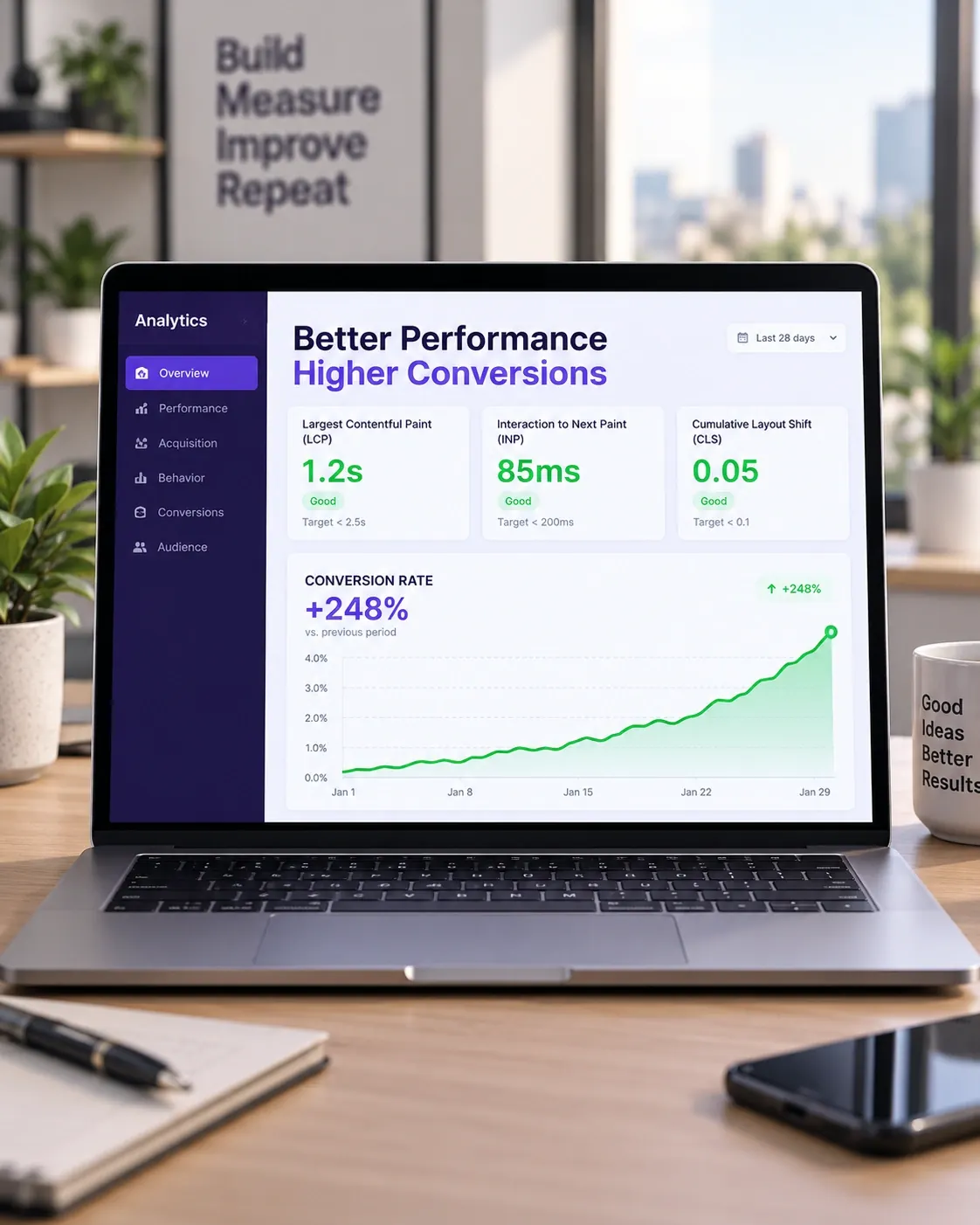 Dashboard de auditoría mostrando métricas de Core Web Vitals y tasa de conversión mejoradas